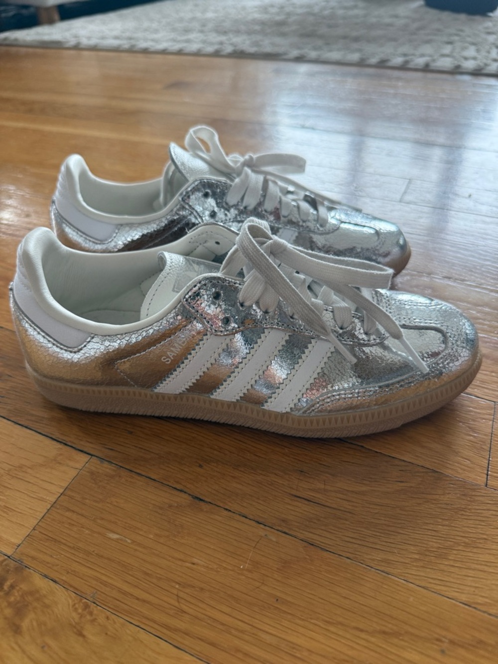 adidas Silver Metallic Samba Sneakers with White Stripes